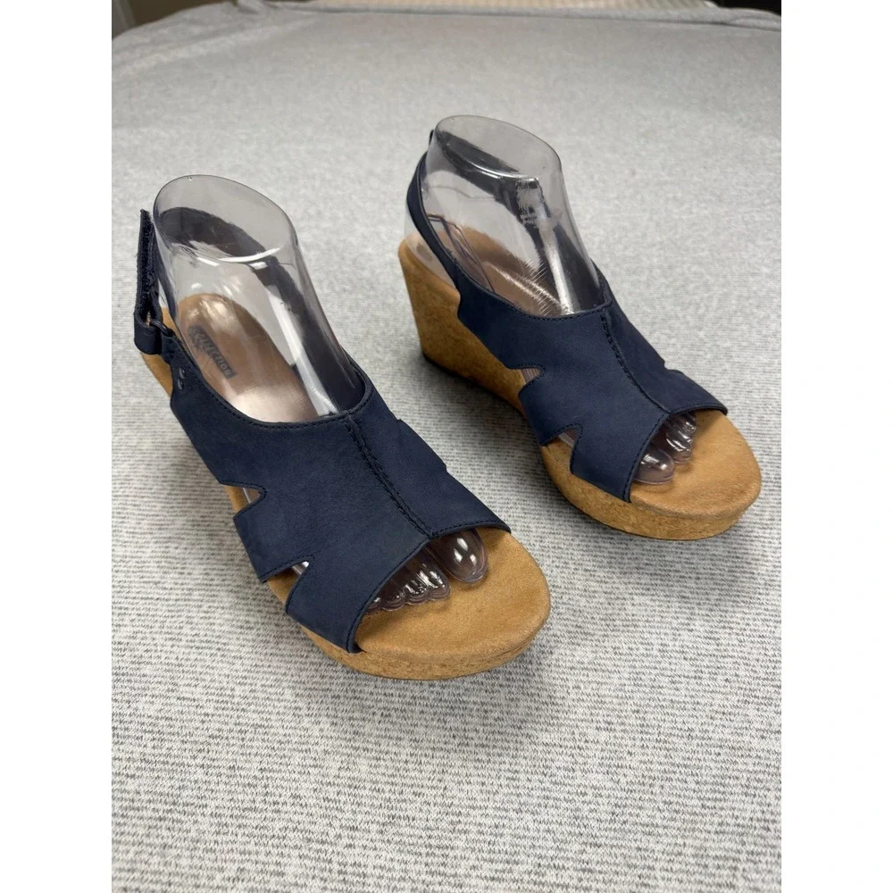 Clarks Collection Navy Blue Leather Cork Wedge Sandals‎ Womens 9.5 M